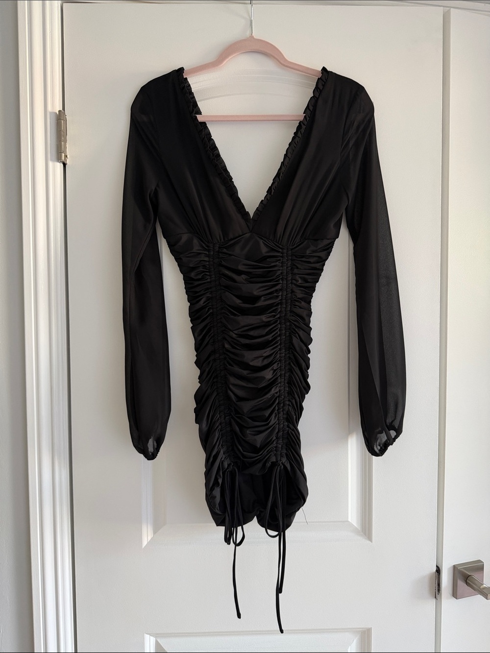 Tiger Mist Black Ruched V-Neck Long Sleeve Mini Dress